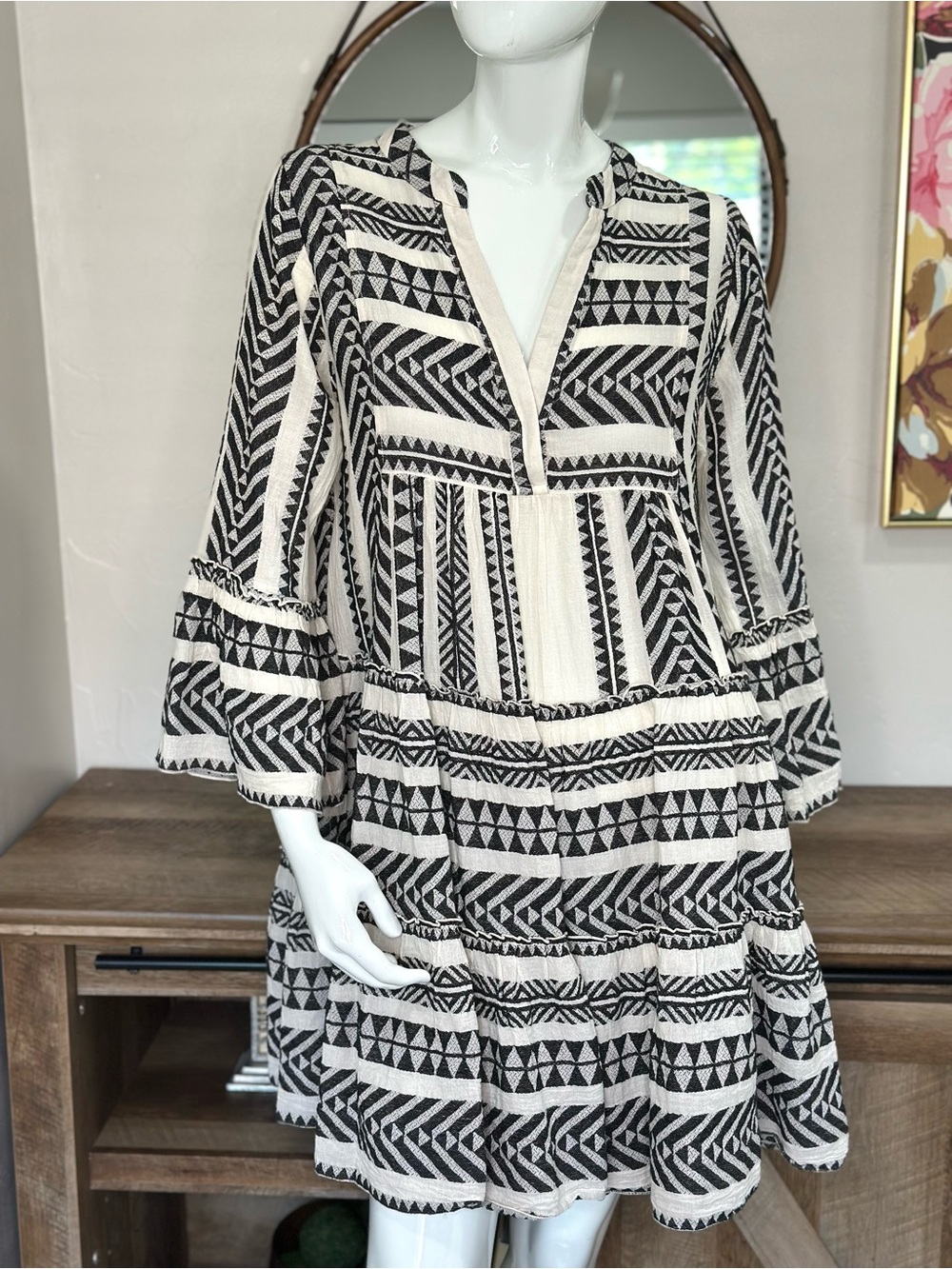 Devotion Twins Ella Midi Dress -Black/Off White Sz M, boho embroidered dress